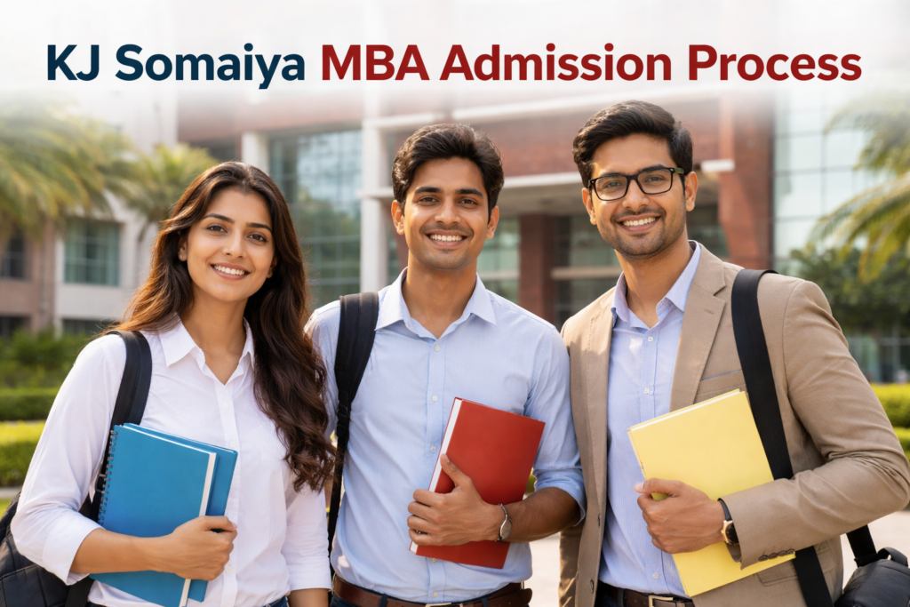 Students standing outside a modern business school campus for KJ Somaiya admission process